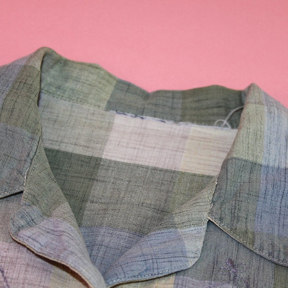 Vtg Linen Plaid Embroidered Pastel Button-Up Shirt - Picture 7 of 8